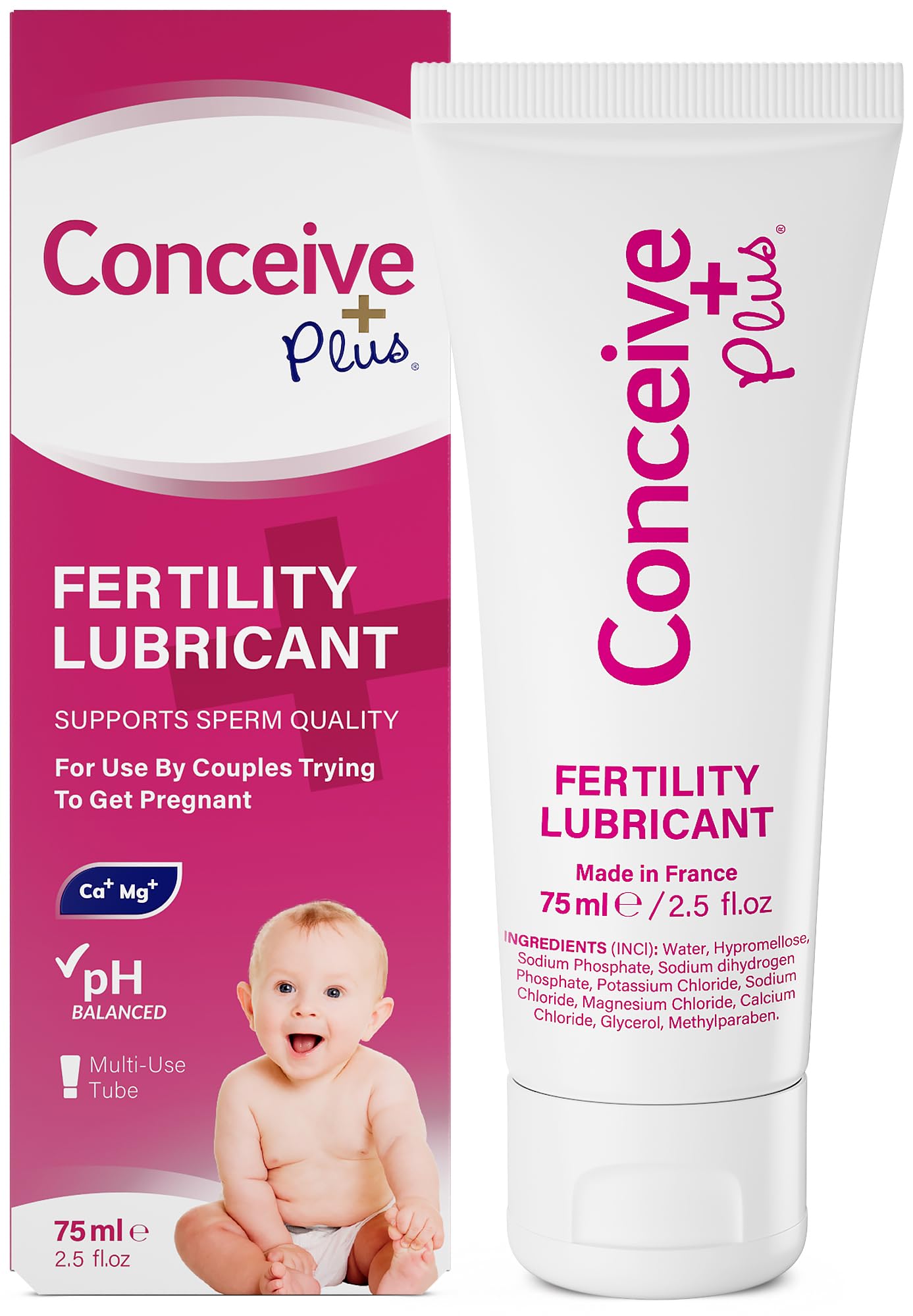 CONCEIVE PLUS frente del tubo mostrando diseño y tamaño útil