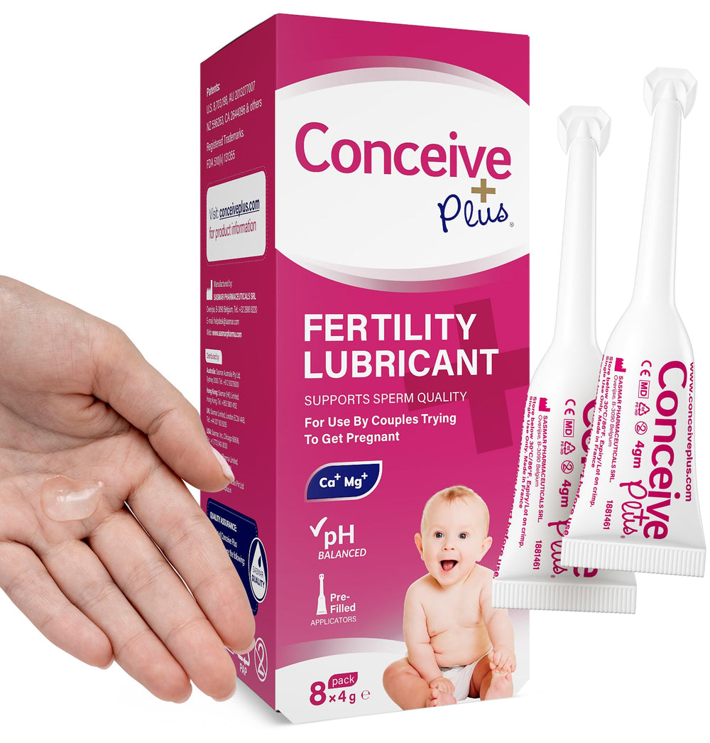 CONCEIVE PLUS presentación de ocho aplicadores en paquete blanco, formato para viajes