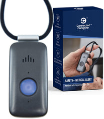Connected Caregiver Safety+ vista frontal mostrando botón de emergencia y pantalla, facilita llamadas rápidas