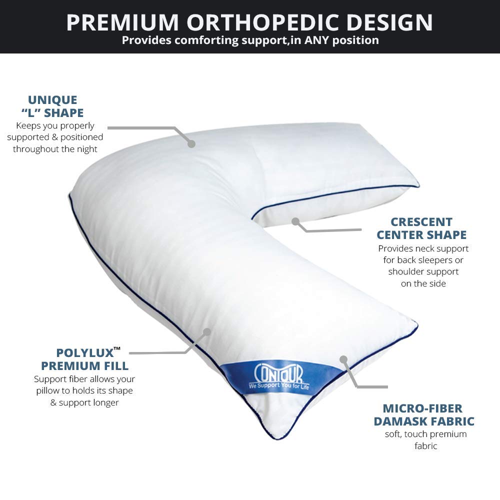 Contour almohada en L en cama demostrando apoyo para dormir de lado