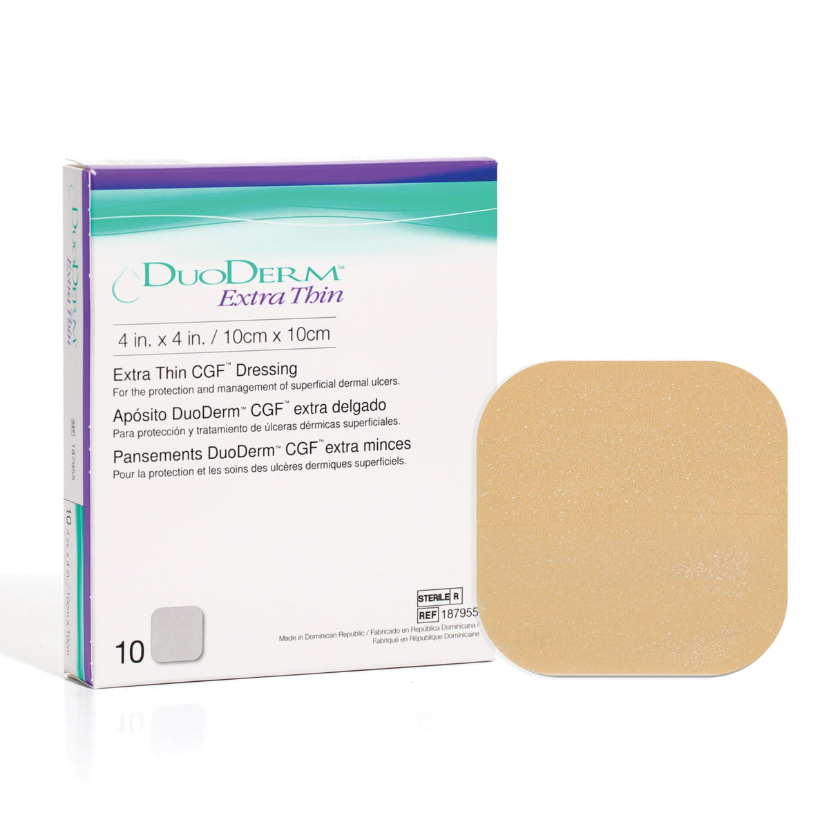 ConvaTec DuoDERM vista frontal del paquete beige protegiendo heridas pequeñas