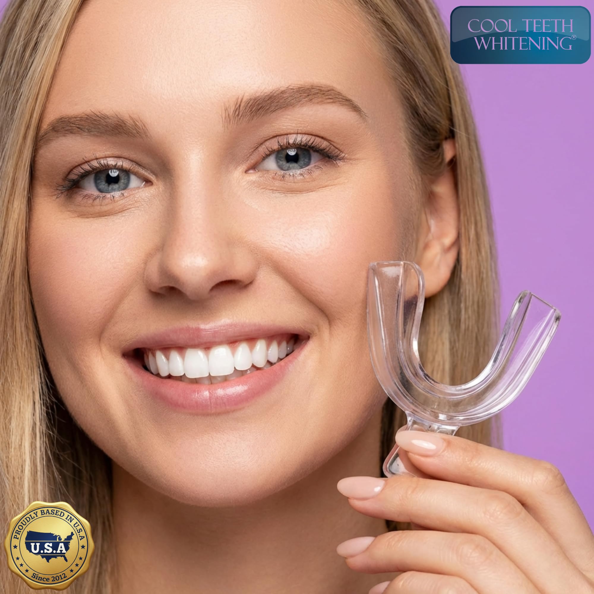 Cool Teeth Whitening kit completo sobre mesa, práctico y listo para usar