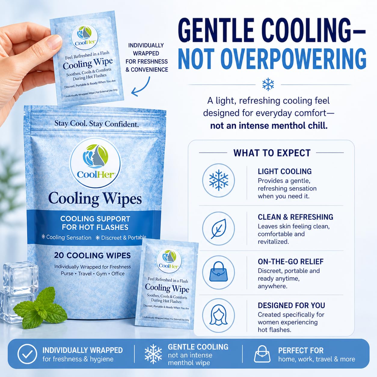CoolHer toallita desplegada mostrando textura suave y húmeda, refresco inmediato
