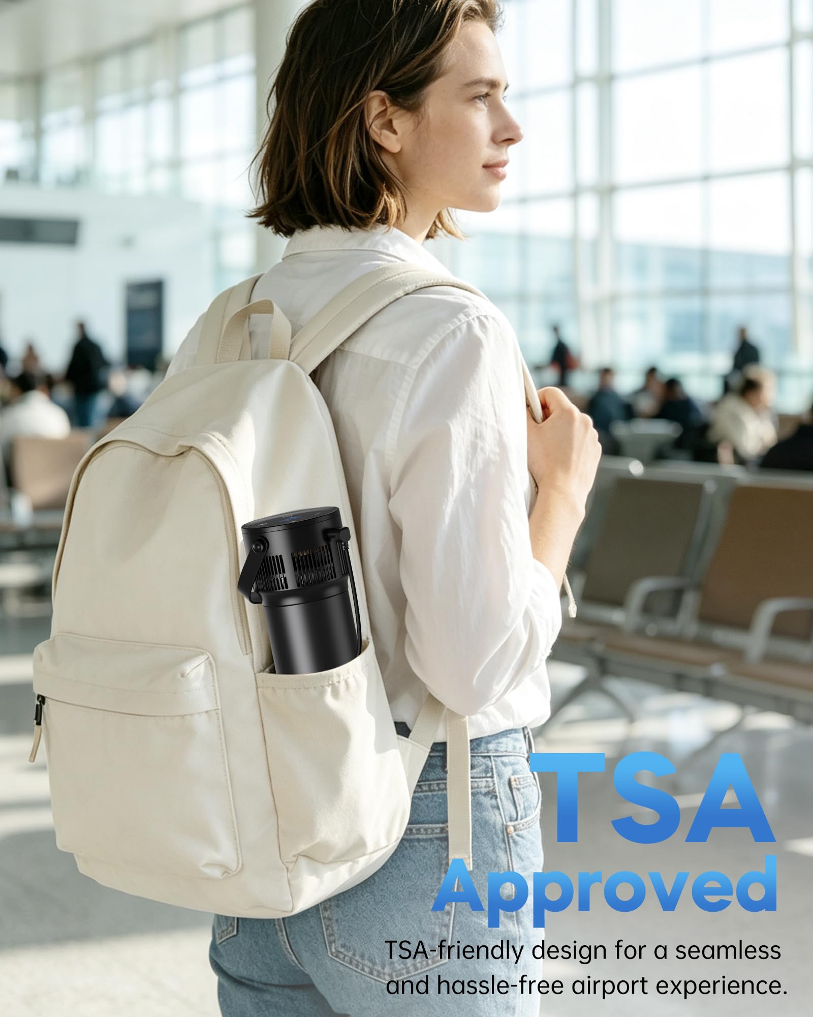Coollog en mano frente a control de seguridad en aeropuerto, aprobado TSA