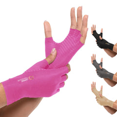Copper Compression guantes frontales rosa mostrando ajuste y compresión
