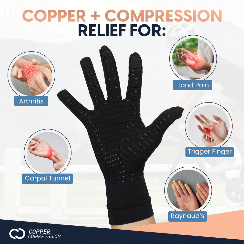 Copper Compression mano realizando trabajo de oficina, facilita teclear y escribir
