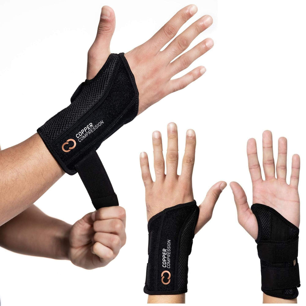 Copper Compression frontal del empaque mostrando la muñequera izquierda, soporte inmediato