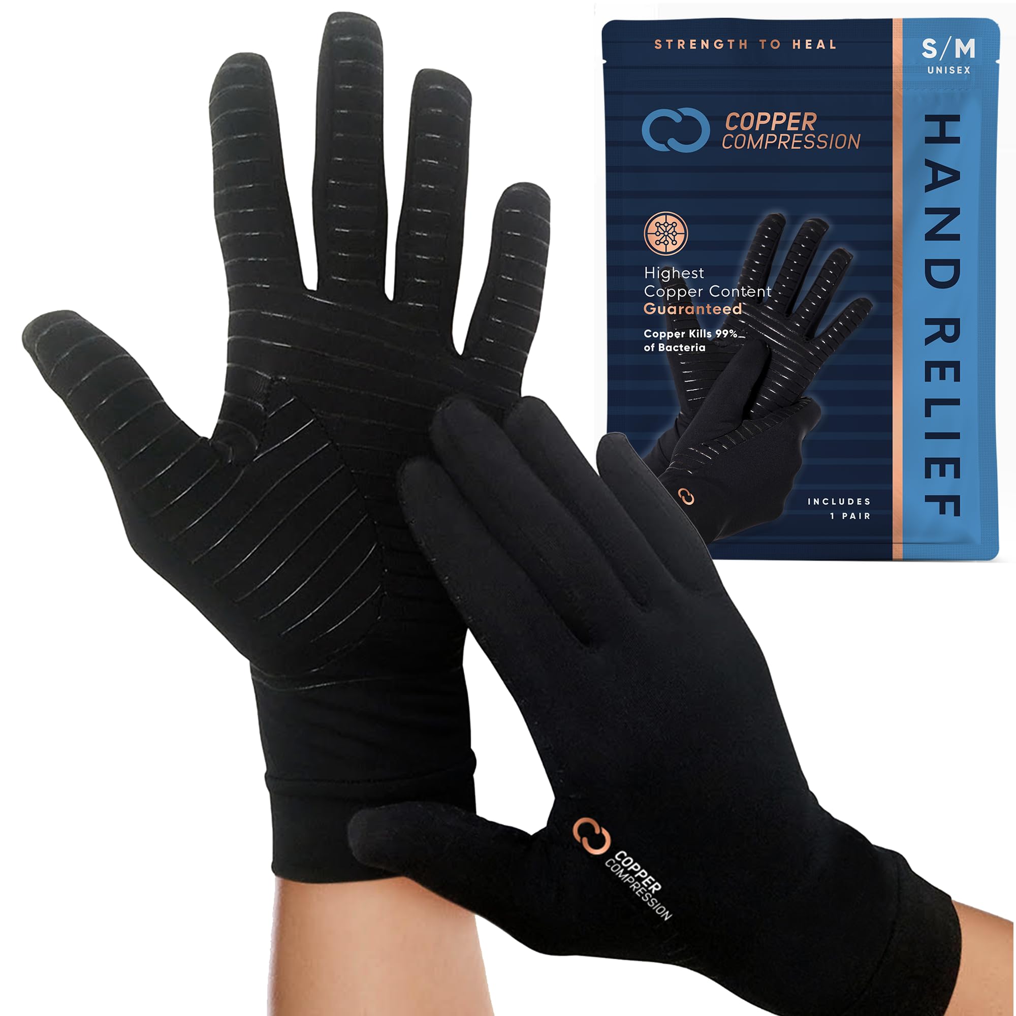 Copper Compression par de guantes presentados en embalaje, incluye derecho e izquierdo