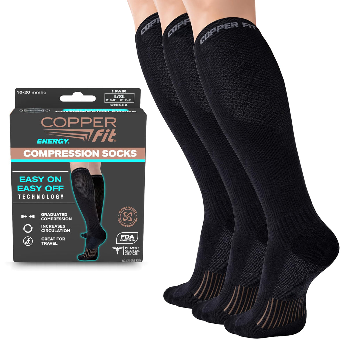 Copper Fit empaque frontal mostrando pack de tres y beneficio de comodidad