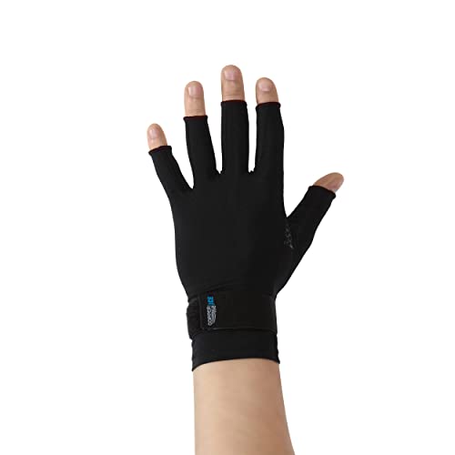 Copper Fit paquete frontal mostrando guantes negros y talla L/XL con beneficio soporte