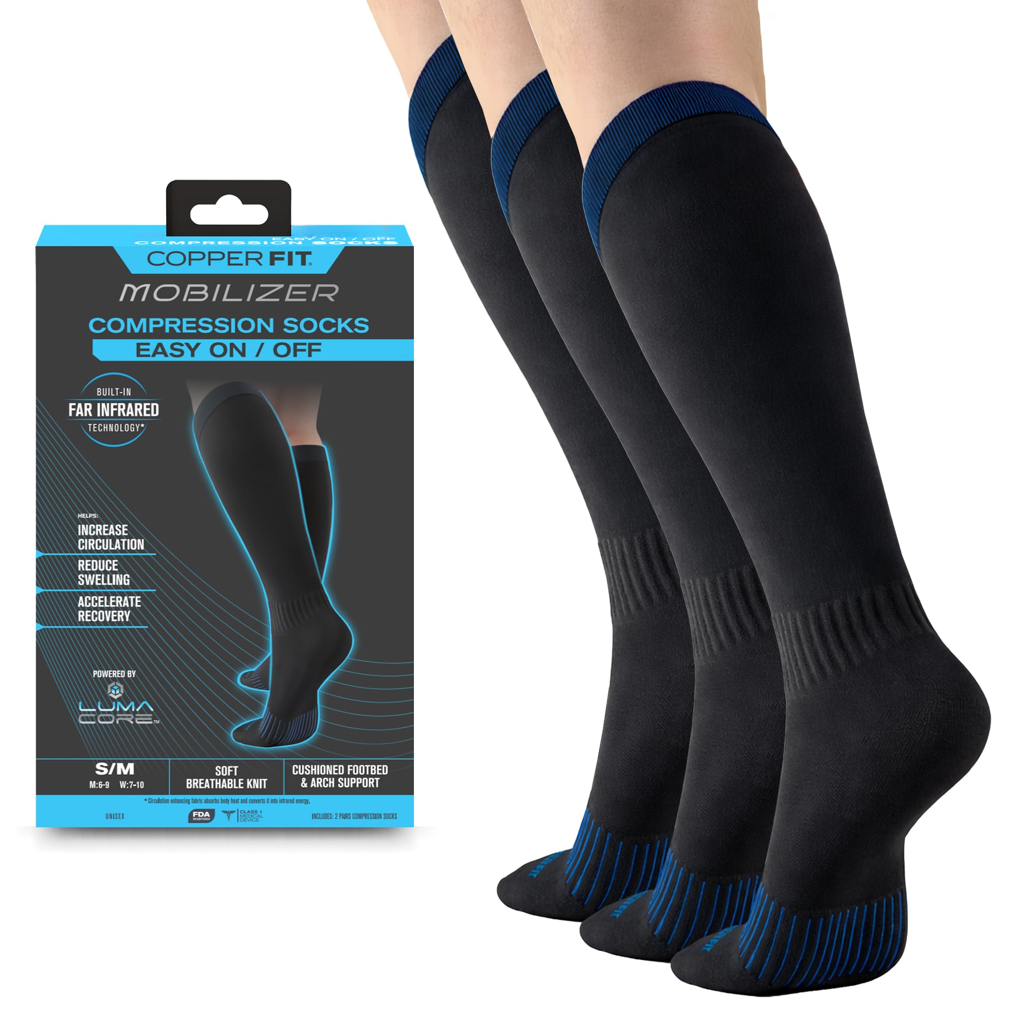 Copper Fit vista frontal del empaque con tres pares, beneficios de soporte