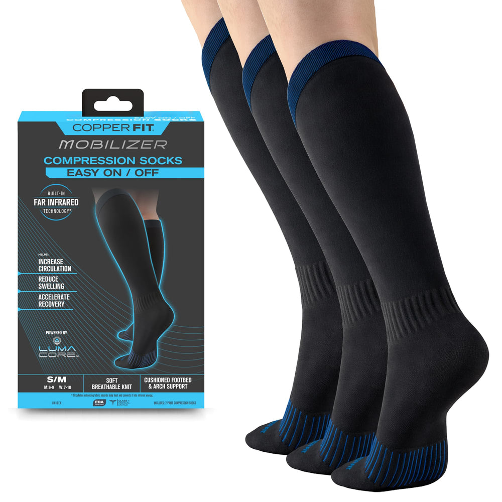 Copper Fit vista frontal del empaque con tres pares, beneficios de soporte