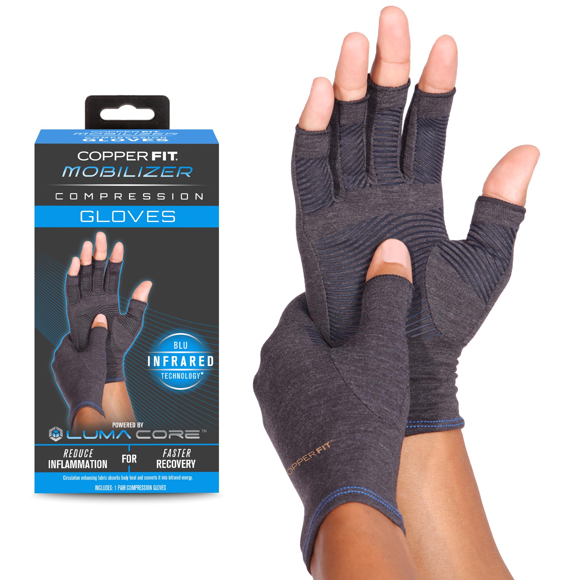 Copper Fit guantes frontales en empaque, comodidad y soporte visibles