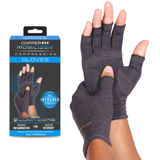 Copper Fit guantes frontales en empaque, comodidad y soporte visibles