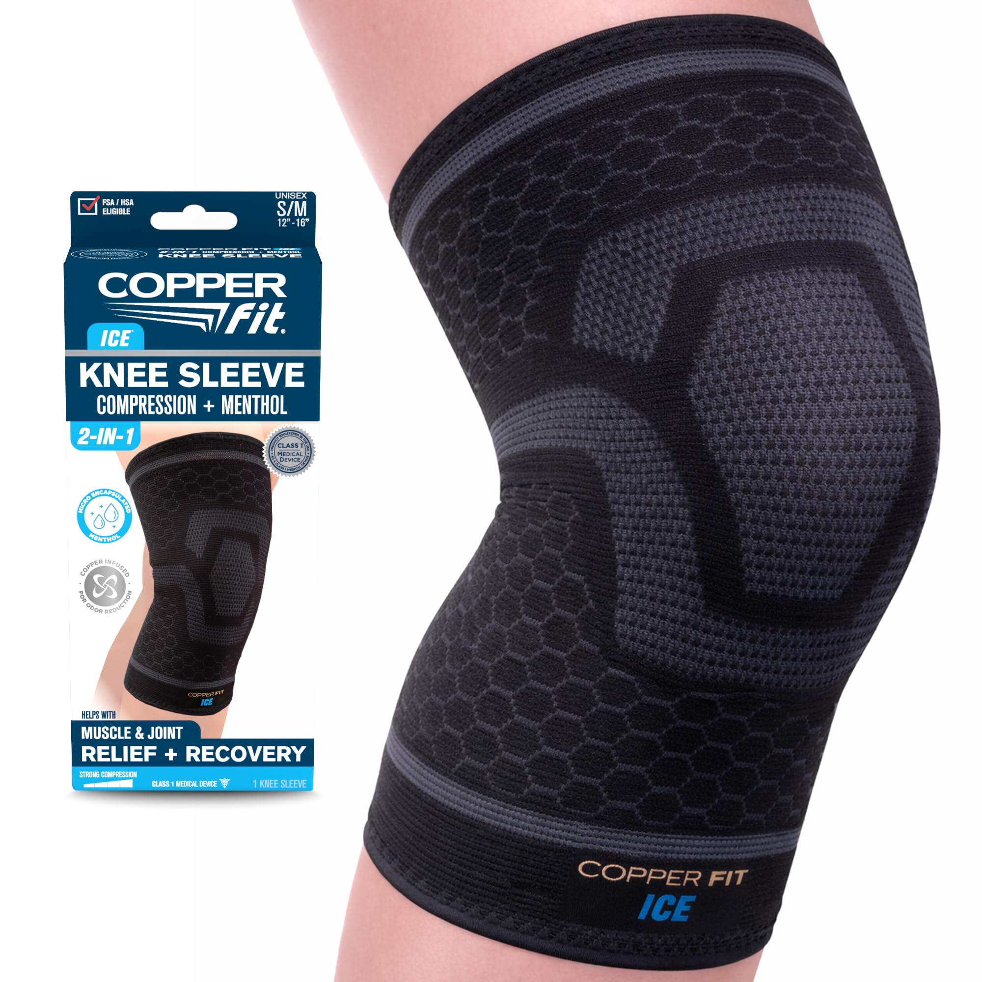Copper Fit manga de rodilla frontal en empaque mostrando diseño y color negro