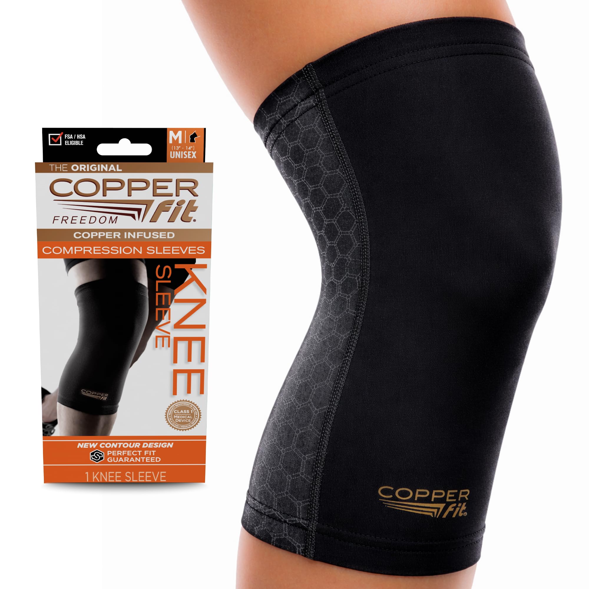 Copper Fit vista frontal del empaque mostrando el manguito y tallas para comodidad