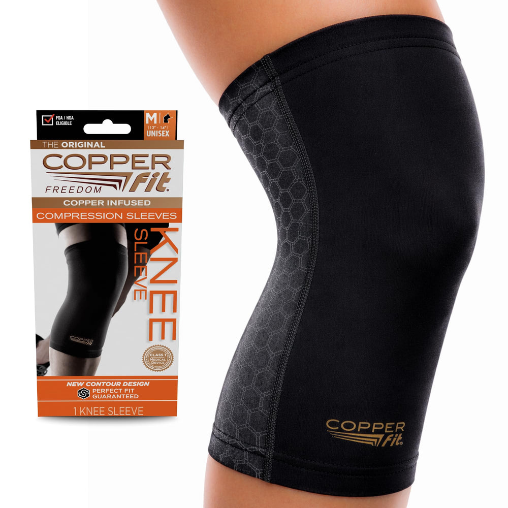 Copper Fit vista frontal del empaque mostrando el manguito y tallas para comodidad