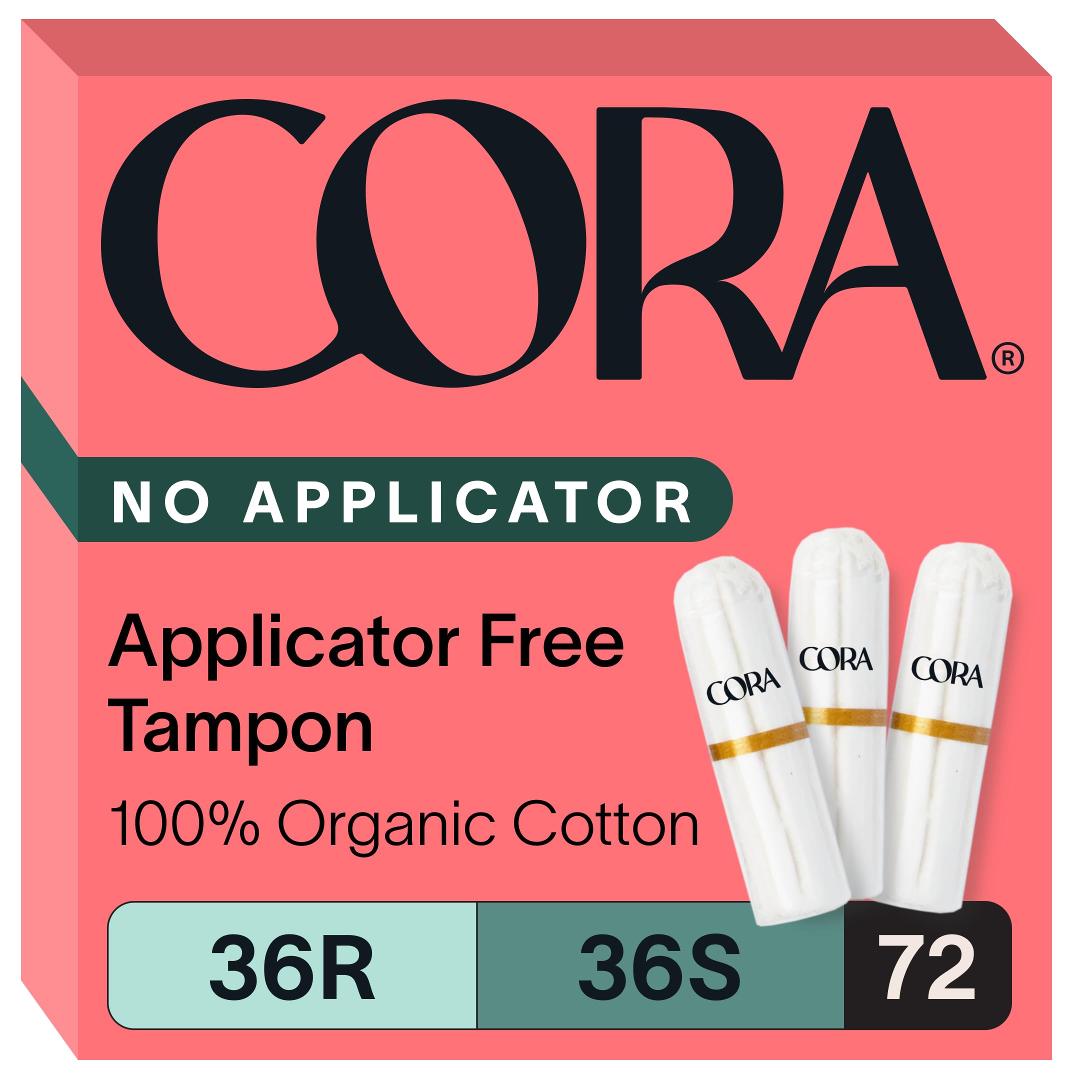 Cora empaque frontal mostrando 72 tampones y beneficios ecológicos