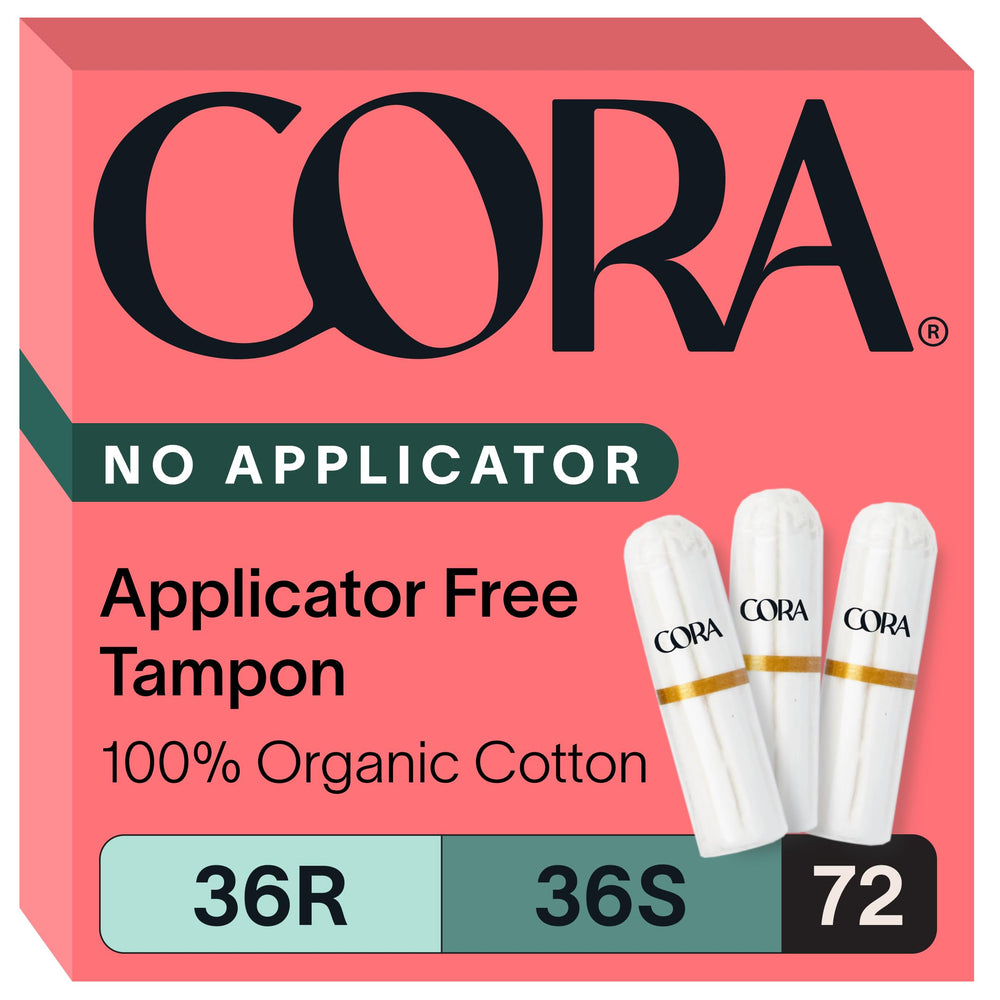 Cora empaque frontal mostrando 72 tampones y beneficios ecológicos