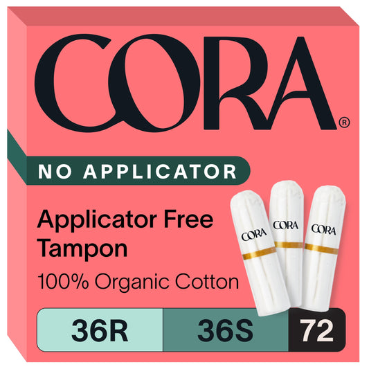 Cora empaque frontal mostrando 72 tampones y beneficios ecológicos