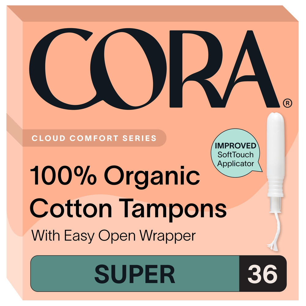 Cora empaque frontal mostrando 36 tampones y beneficios orgánicos