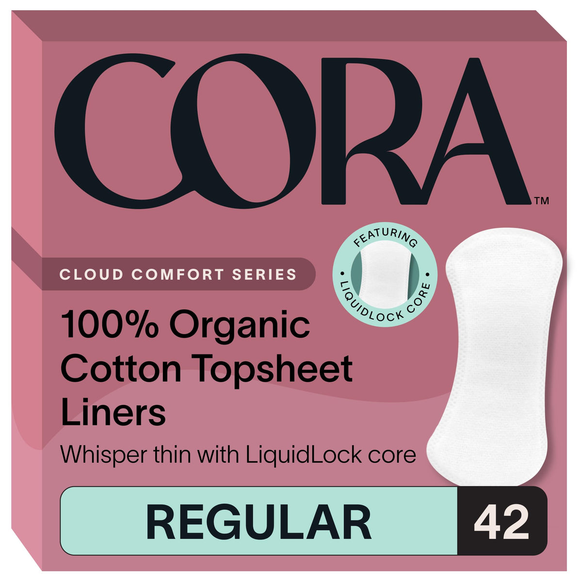 Cora empaque frontal mostrando 42 protectores y beneficios hipoalergénicos