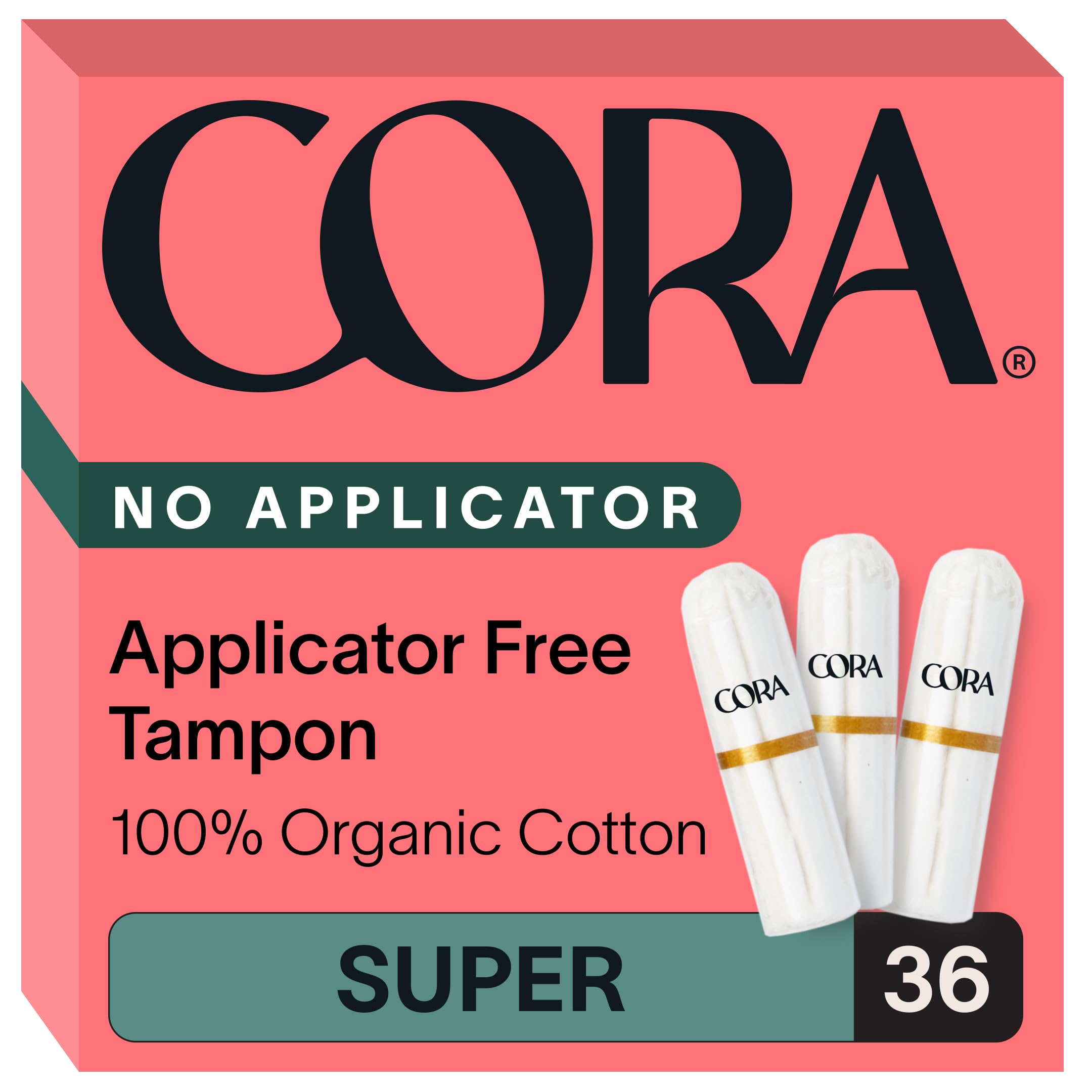 Cora paquete frontal mostrando 36 tampones, comodidad y protección