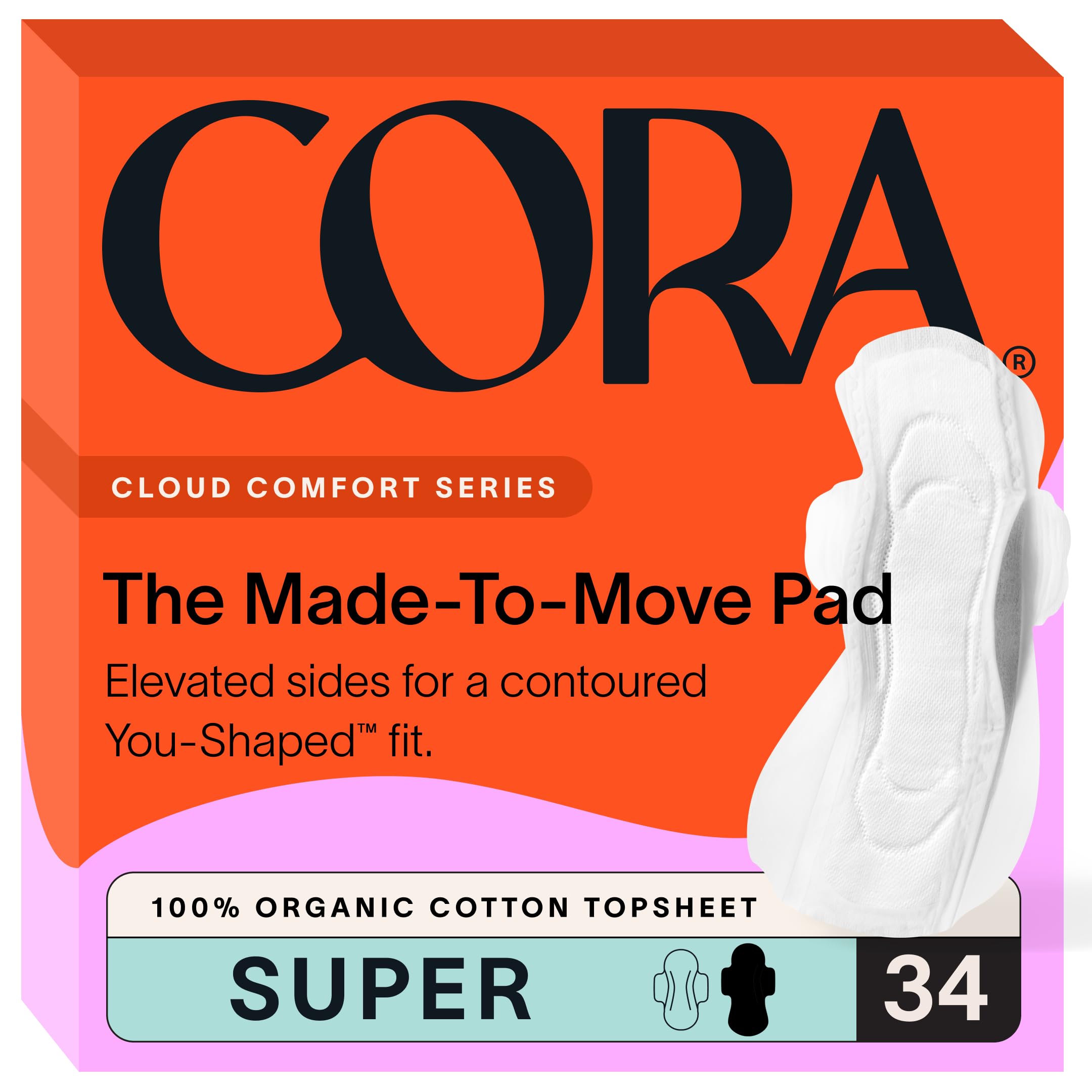 Cora empaque frontal mostrando 34 toallas y beneficio de protección discreta