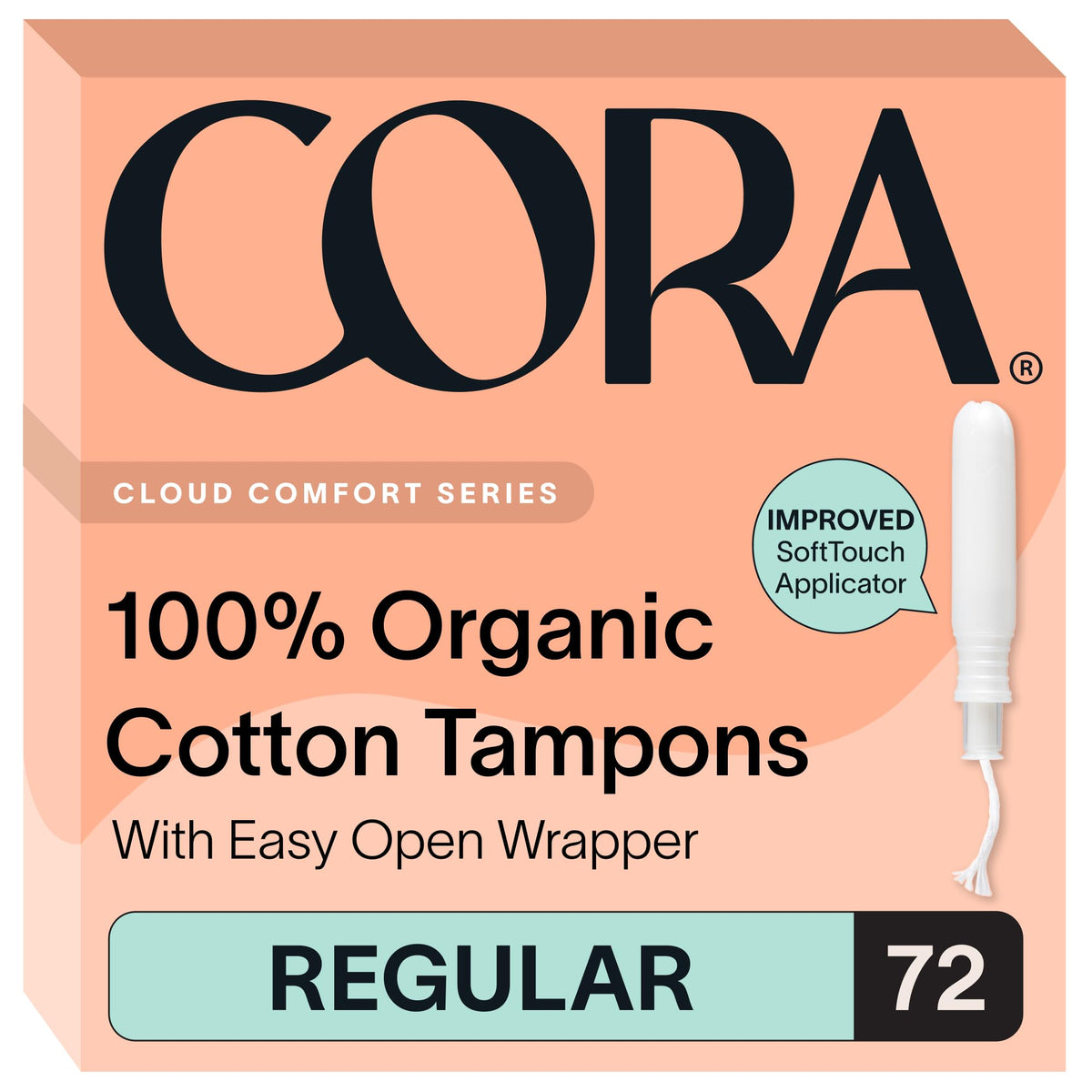Cora empaque frontal mostrando paquete de 72 tampons y beneficios