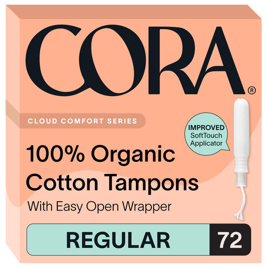 Cora empaque frontal mostrando paquete de 72 tampons y beneficios