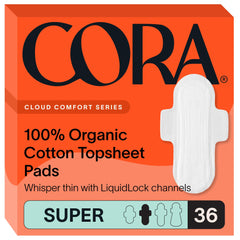 Cora paquete frontal de 36 toallas super, comodidad discreta todo el día