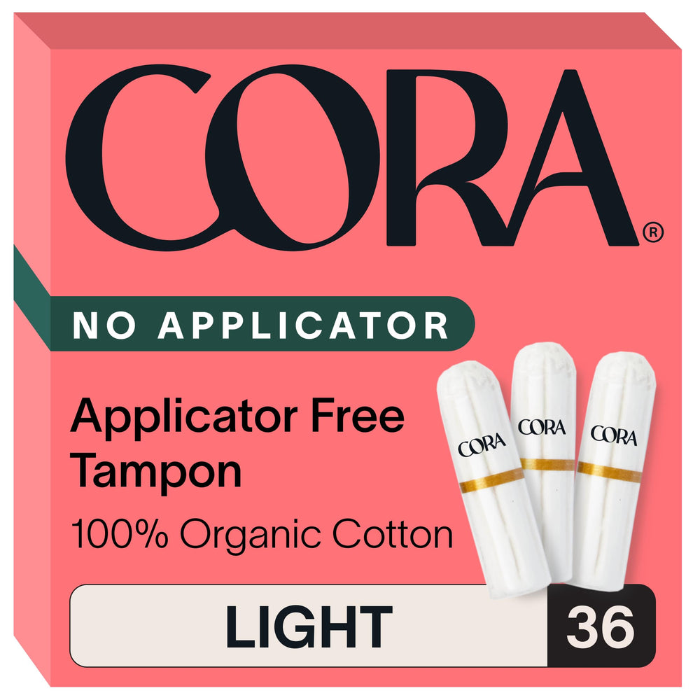 Cora tampón frontal mostrando empaque compacto y beneficios ecológicos