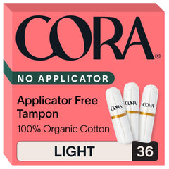 Cora tampón frontal mostrando empaque compacto y beneficios ecológicos