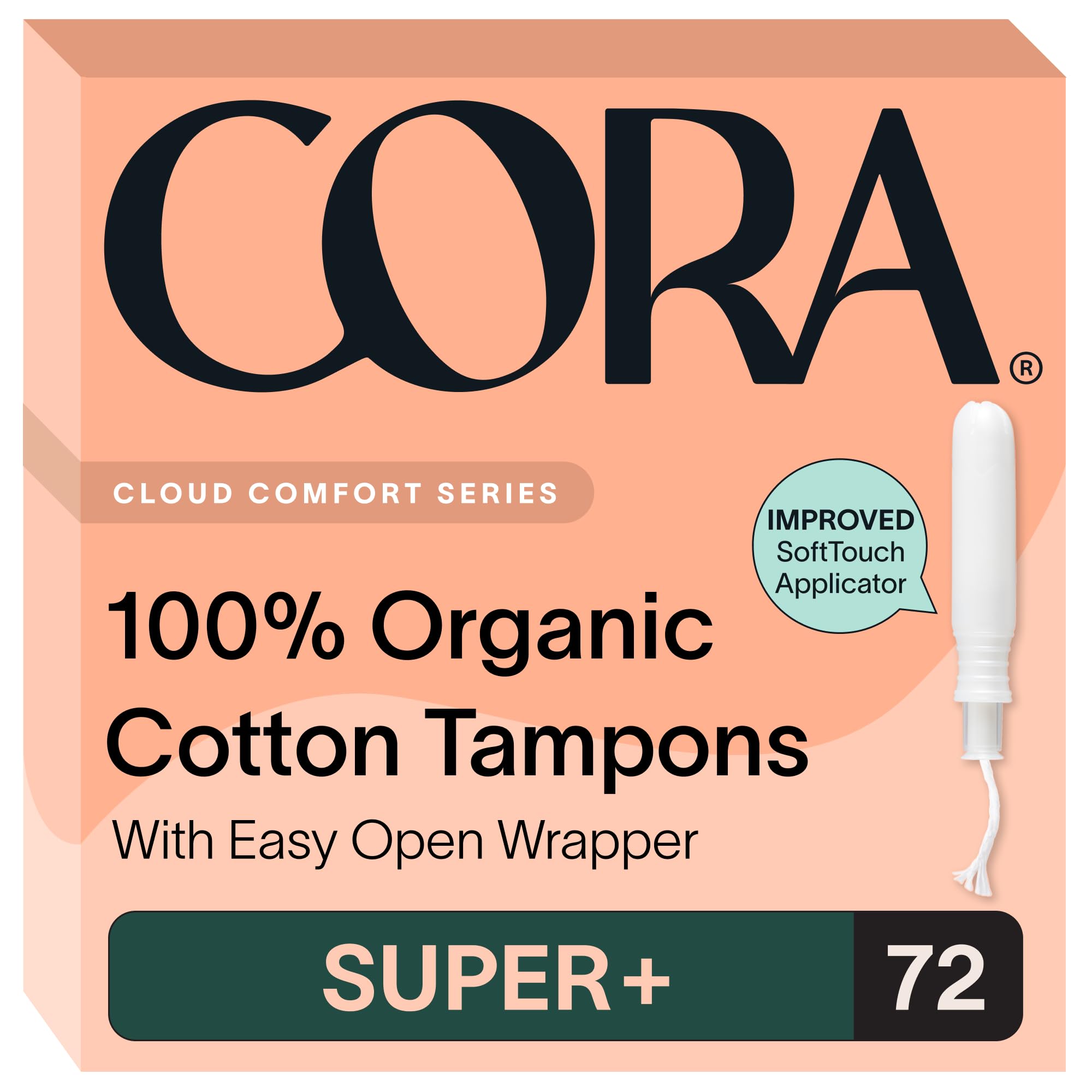 Cora empaque frontal de tampones Super Plus mostrando la marca y cantidad