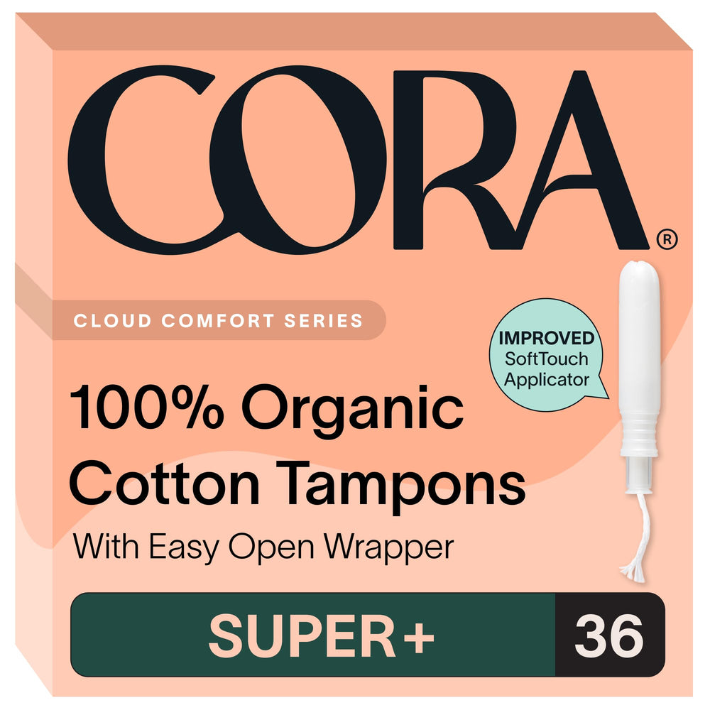 Cora envase frontal mostrando 36 tampones y protección para flujo