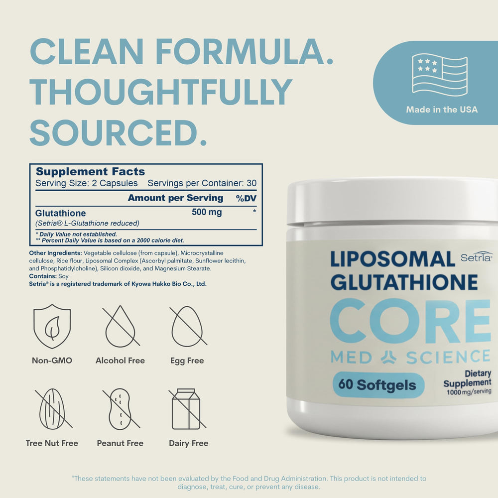 Core Med Science etiqueta con ingredientes y libre de alérgenos para confianza