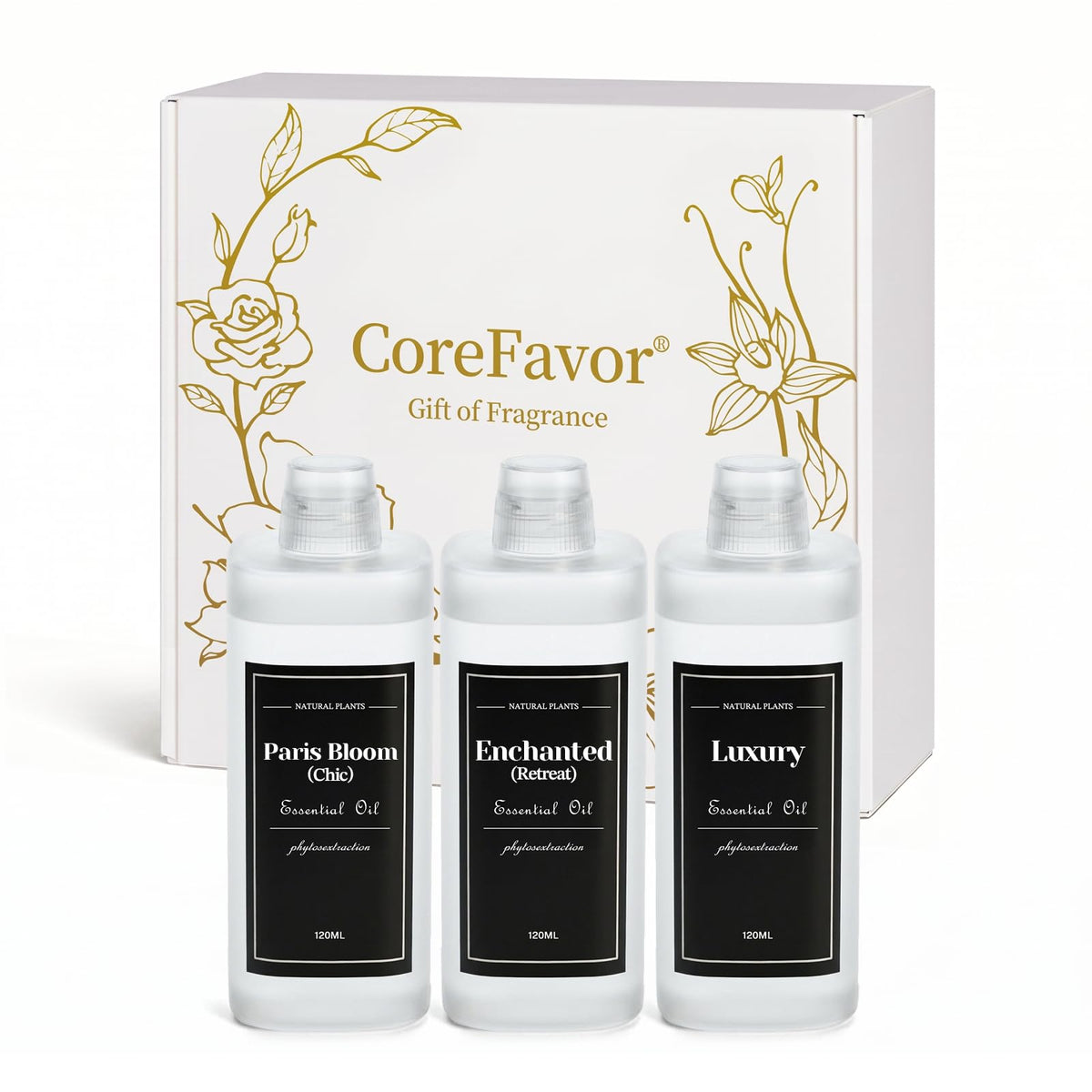 CoreFavor botellas frontales mostrando los tres aromas y beneficio de recarga duradera