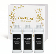 CoreFavor botellas frontales mostrando los tres aromas y beneficio de recarga duradera