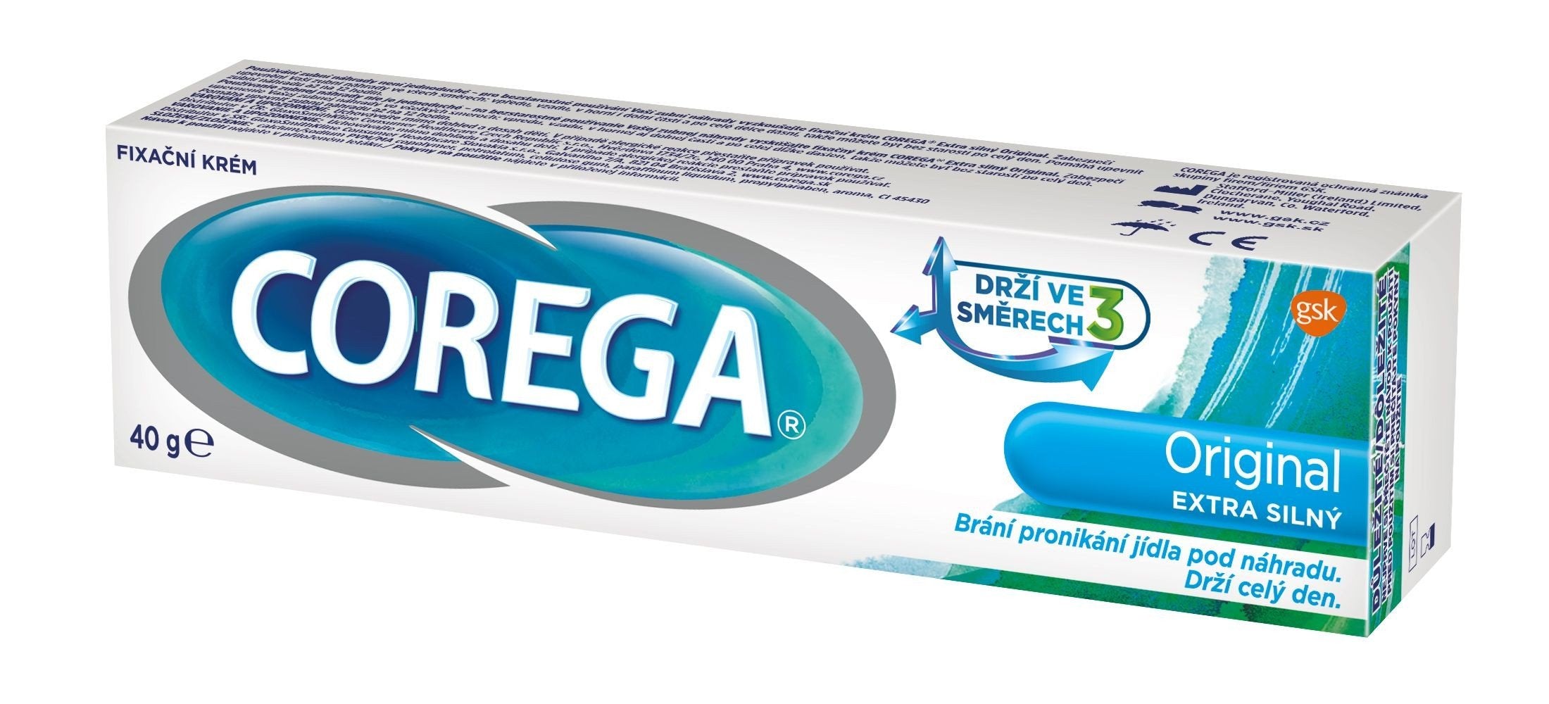 Corega envase frontal 40g mostrando marca y etiqueta para sujeción prolongada