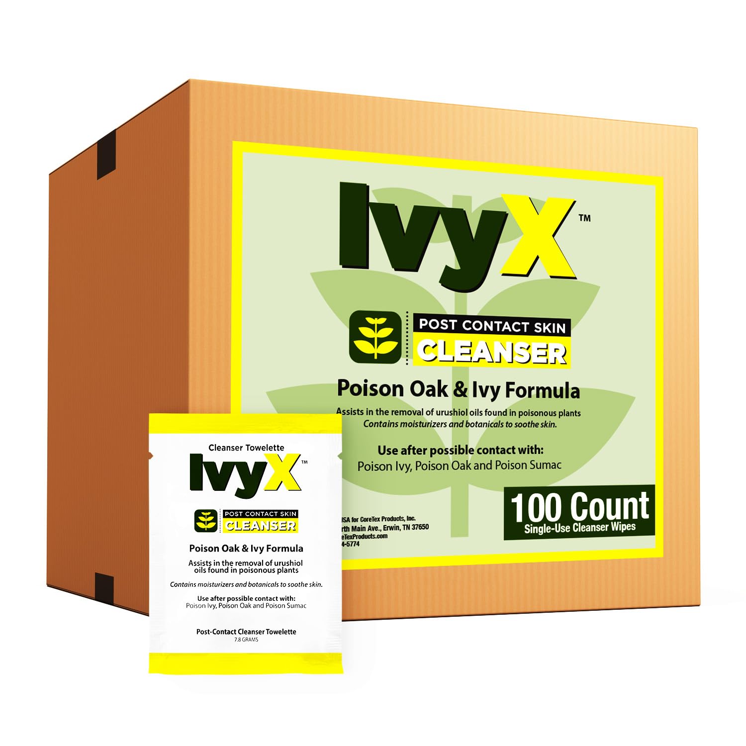 CoreTex Ivy X frente del empaque mostrando el pack de 100 toallitas y conveniencia