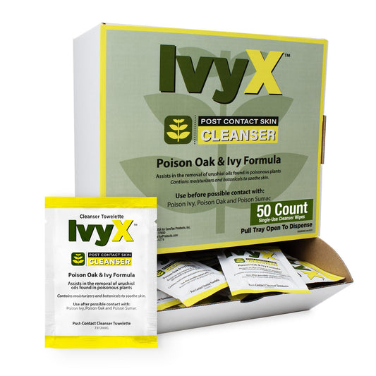 CoreTex Ivy X frente del pack mostrando 50 toallitas, conveniencia de viaje
