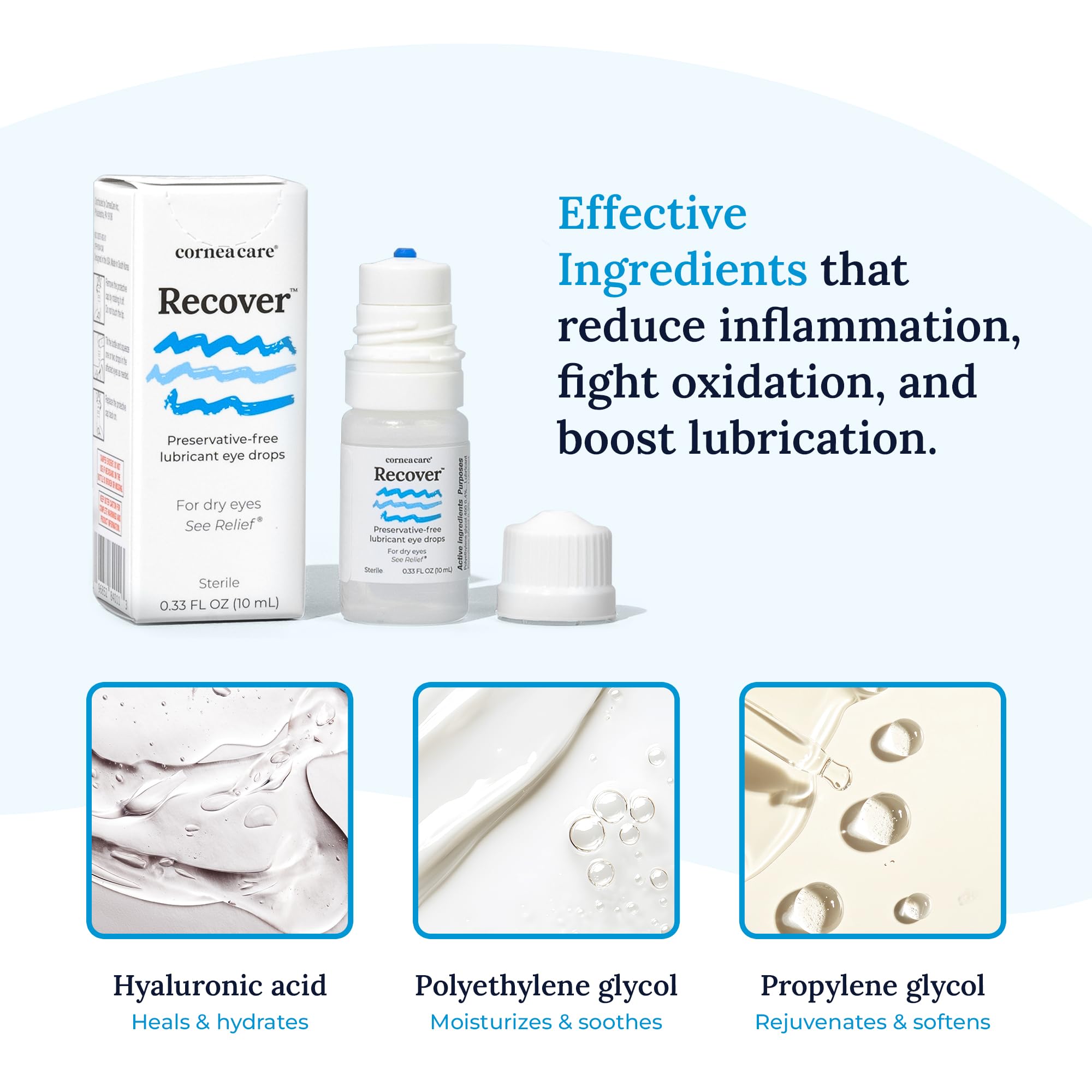 CorneaCare Recover etiqueta de ingredientes resaltando ácido hialurónico y polímeros humectantes