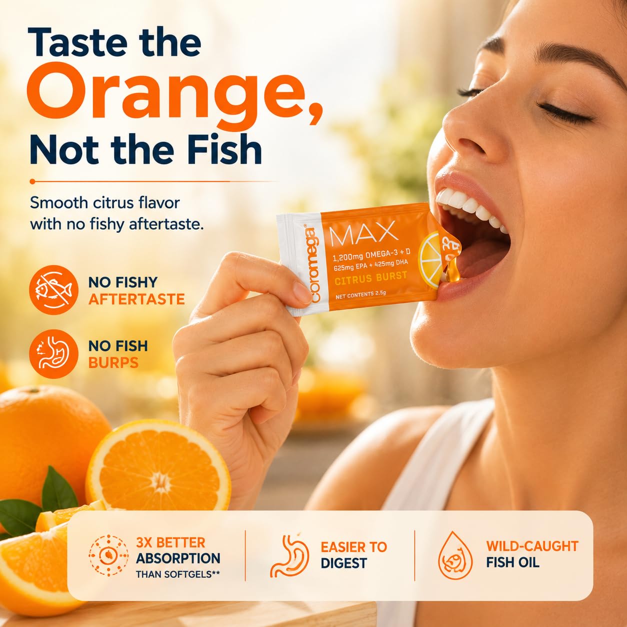 Coromega exprimiendo sobre yogurt para mezclar, versatilidad en desayunos