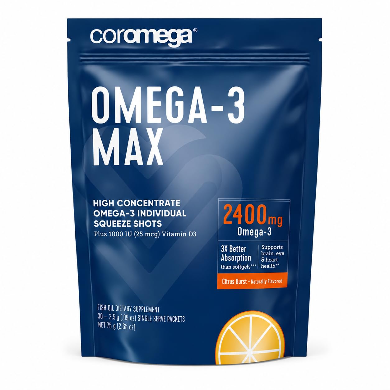 Coromega empaque frontal mostrando 30 sobres y sabor cítrico, conveniencia inmediata