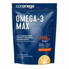 Coromega empaque frontal mostrando 30 sobres y sabor cítrico, conveniencia inmediata