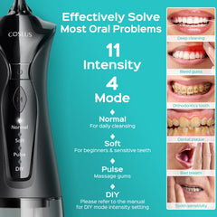 Persona usando COSLUS C30 en el lavabo para eliminar restos entre dientes
