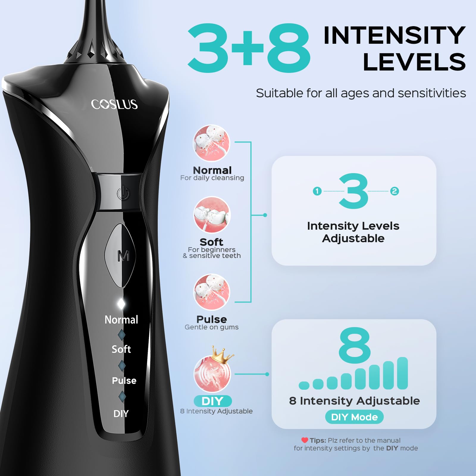 Persona usando COSLUS C30 para eliminar restos entre dientes