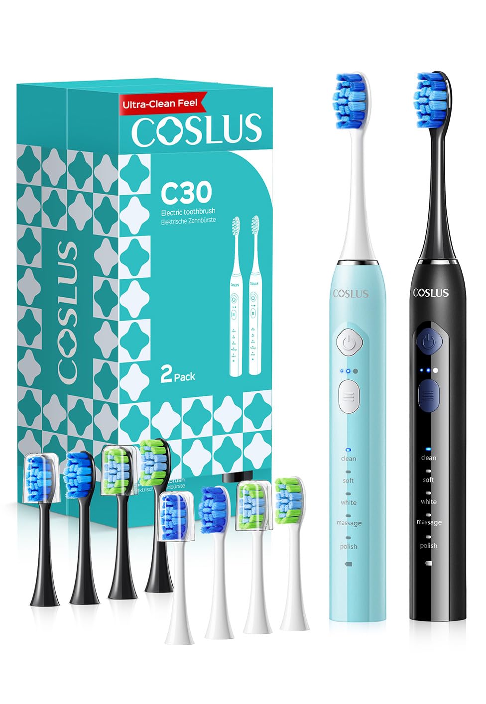 COSLUS C30 vista frontal del cepillo mostrando diseño y botones, limpieza precisa