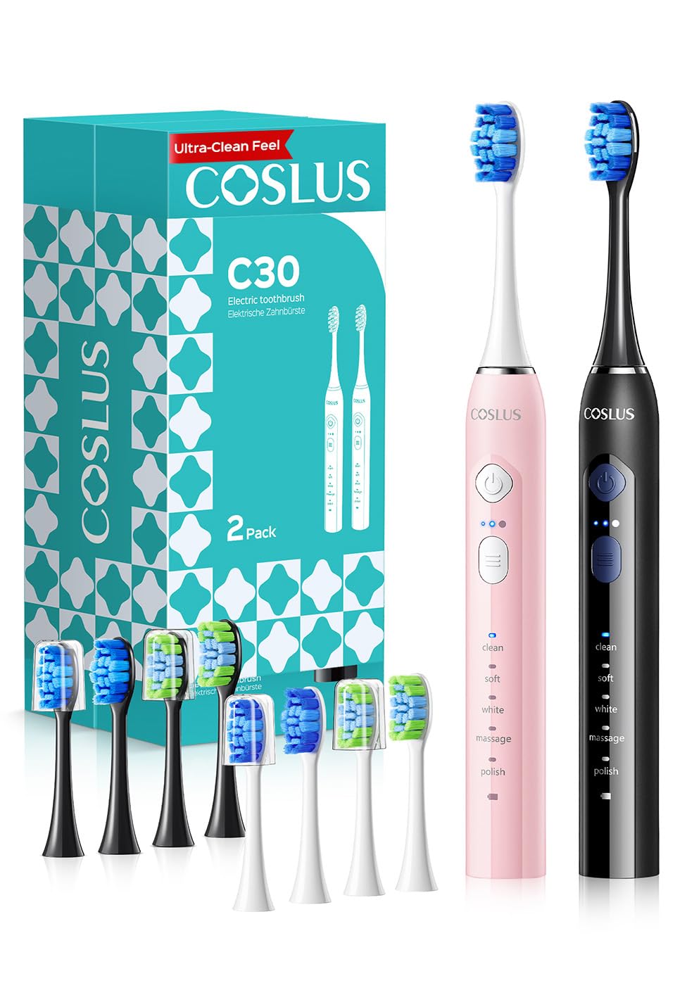 COSLUS C30 vista frontal del cepillo y embalaje mostrando características duraderas