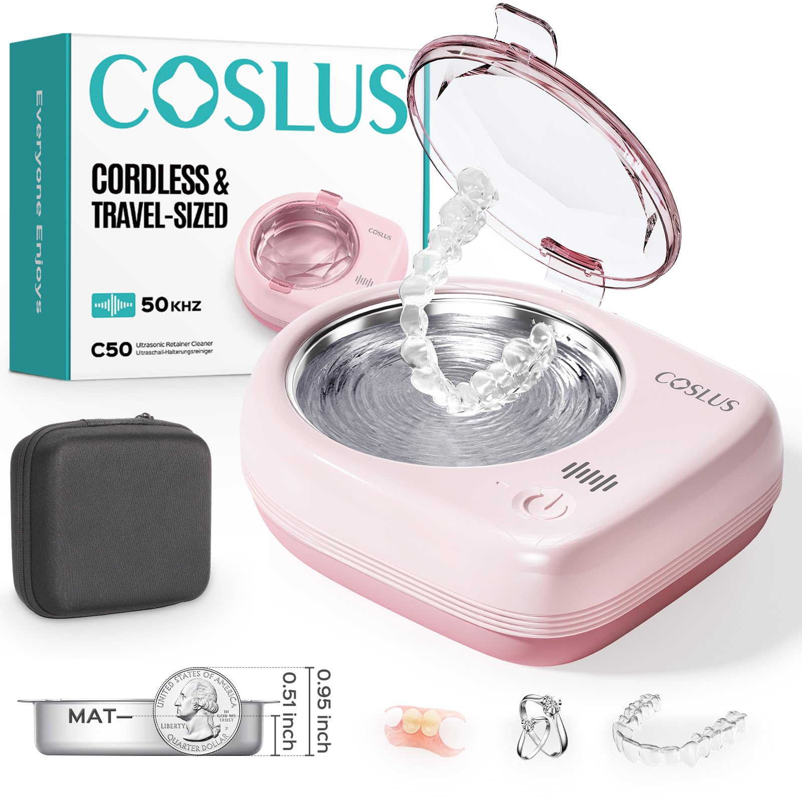 COSLUS C50 frente y embalaje compacto mostrando portabilidad y conveniencia